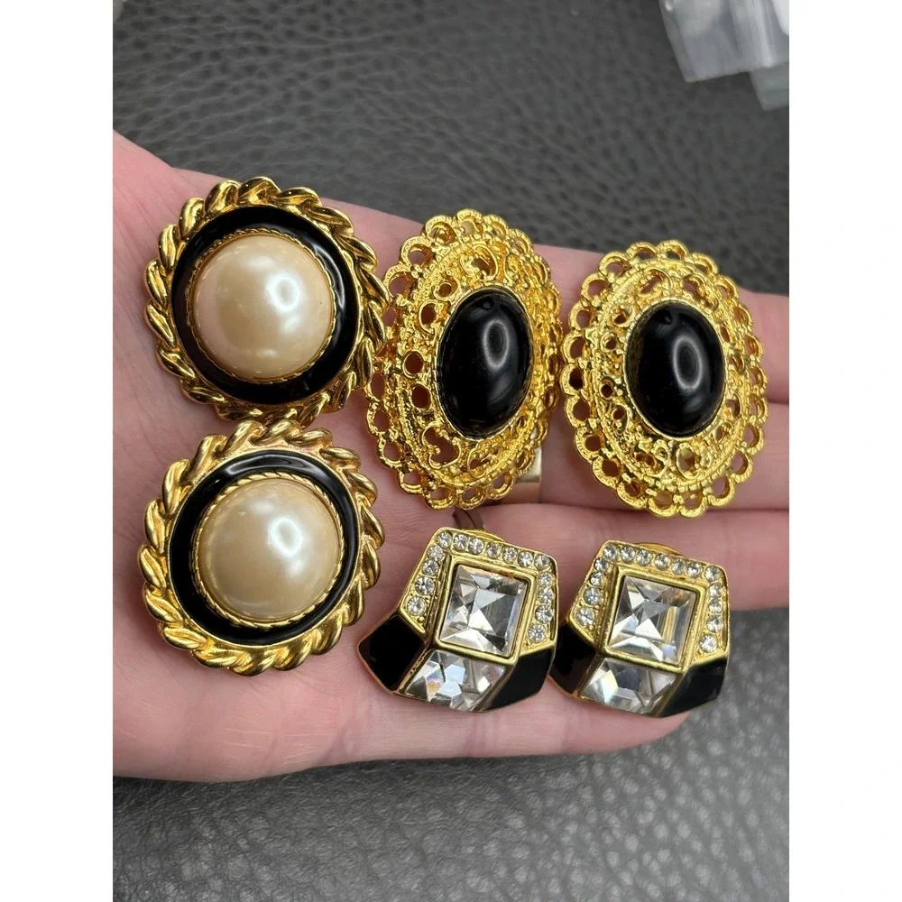 Vintage Park Lane Lot 3 Pairs Clip-On Earrings Black Enamel Pearl Rhinestone